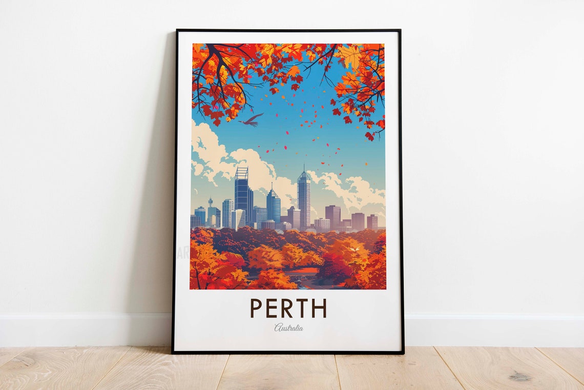 Perth Australia City Skyline Autumn Trees Waterfront View Poster - Image 3