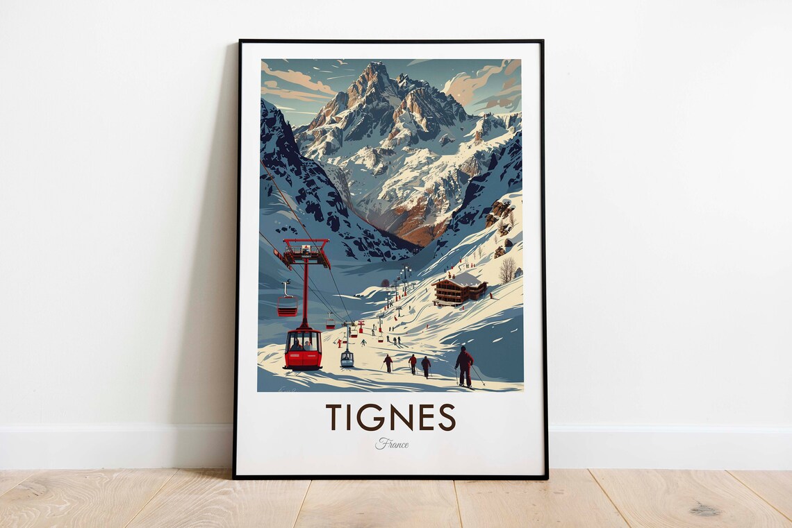 Tignes France Snowy Ski Slopes Gondola Alpine Resort Travel Poster