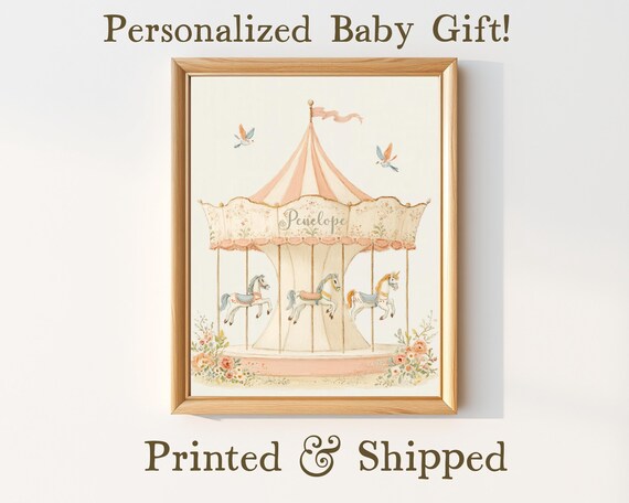 Blush Pink Carousel Personalized Name Watercolor Nursery Wall Poster