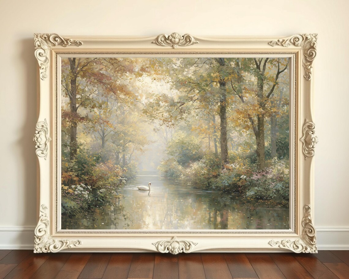 Graceful Swan In Misty Forest Art Print, Vintage