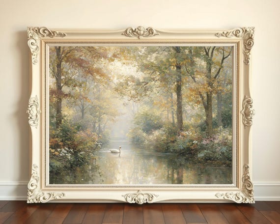 Graceful Swan In Misty Forest Art Print, Vintage