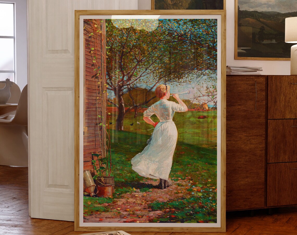 Winslow Homer The Dinner Horn 1870 Woman Blowing Horn Poster
