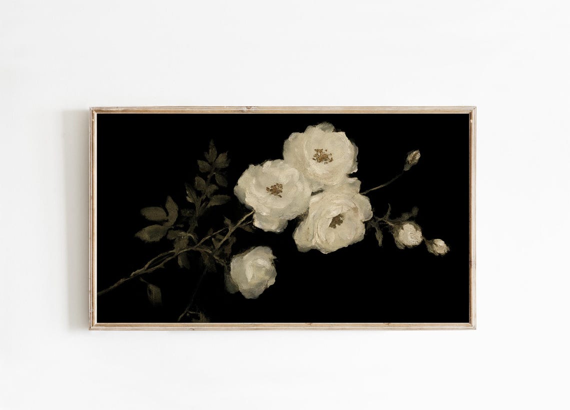 Dark Moody White Roses Floral Oil Painting Elegant Decor Wall Art - Image 3