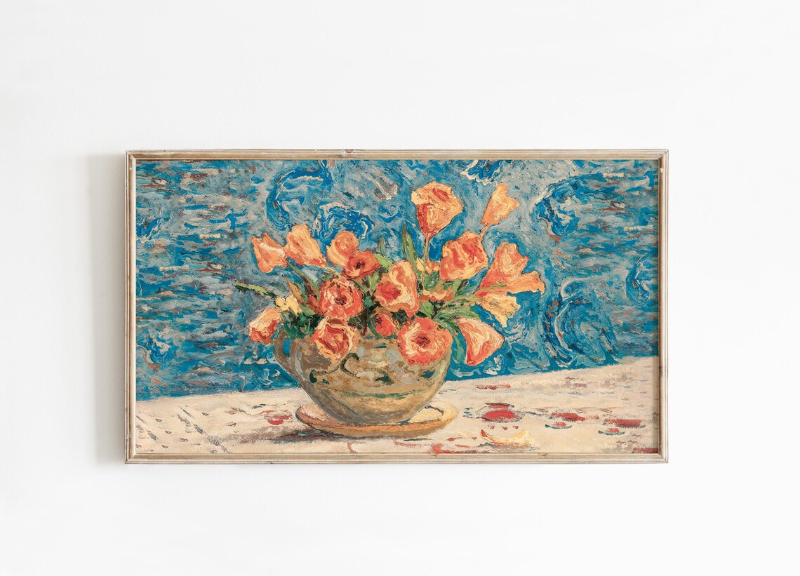 Orange Poppies Vase Swirling Blue Background Expressive Floral Still Life Poster