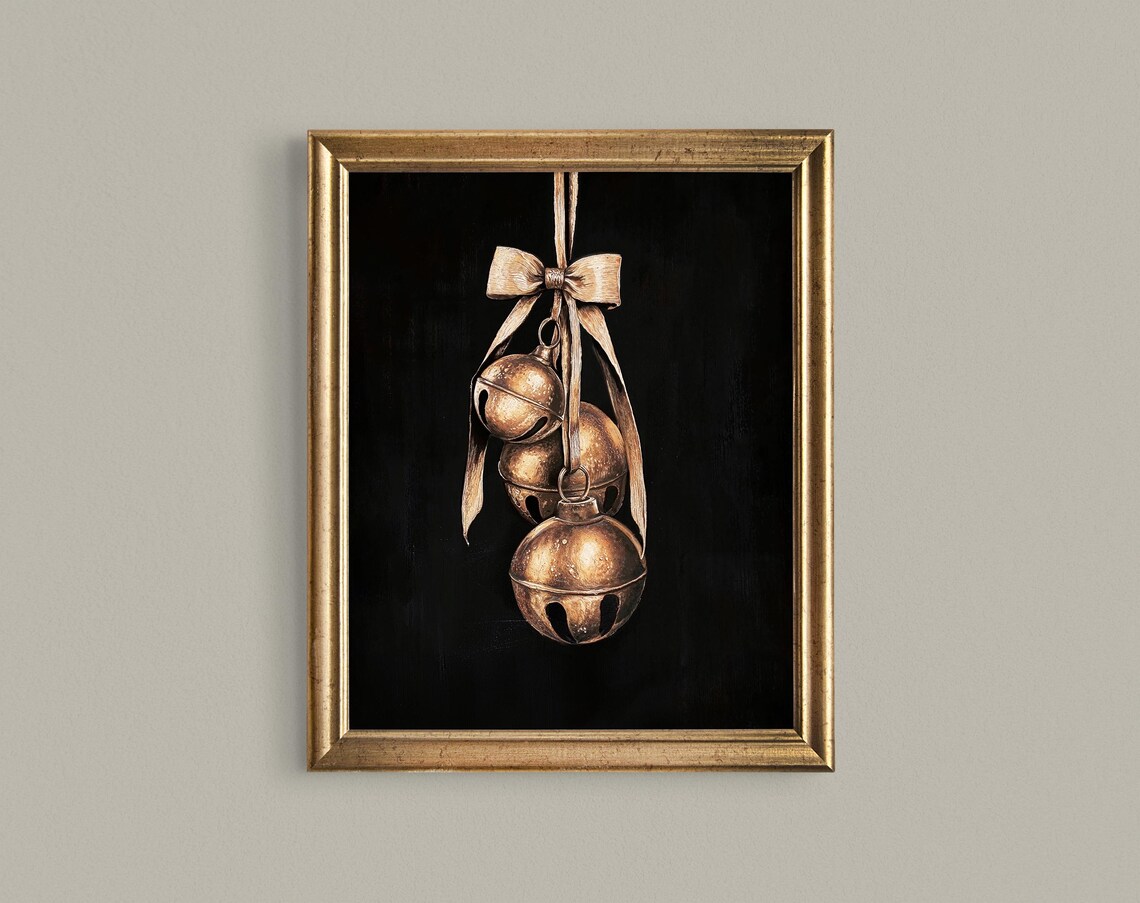 Antique Vintage Brass Jingle Bells Black Moody Christmas Art Poster - Image 3