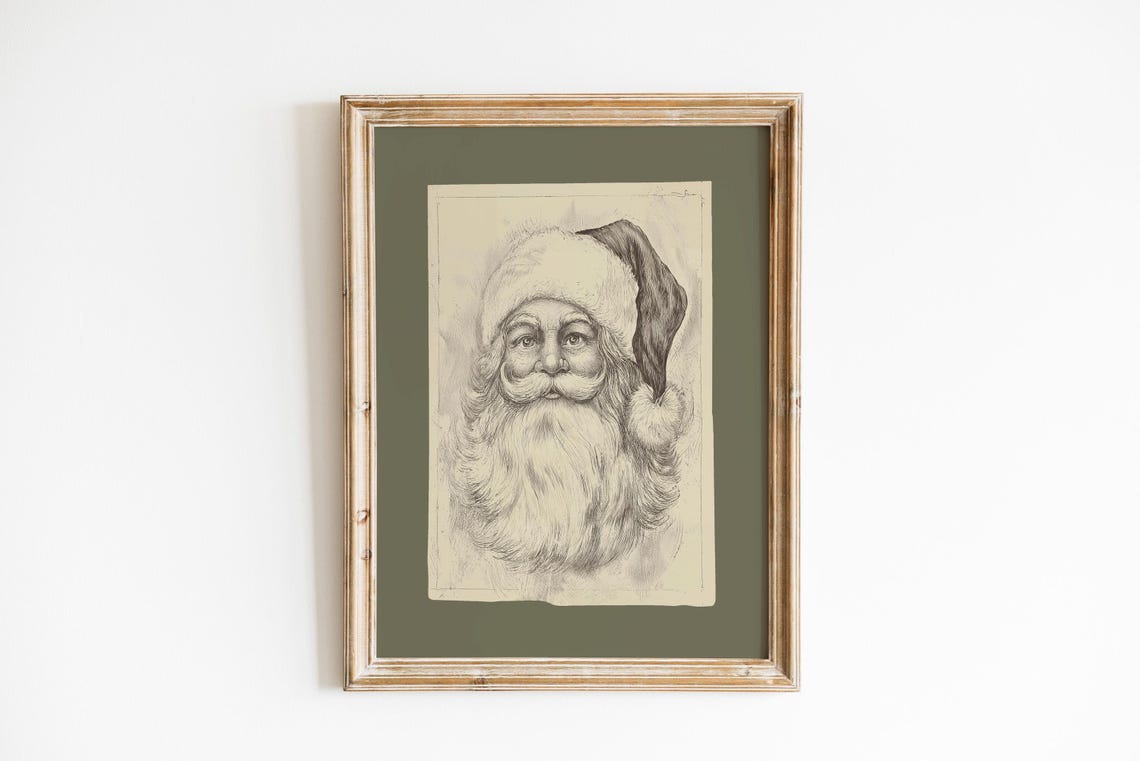 Vintage Santa Claus Sketch Portrait Olive Green Christmas Poster