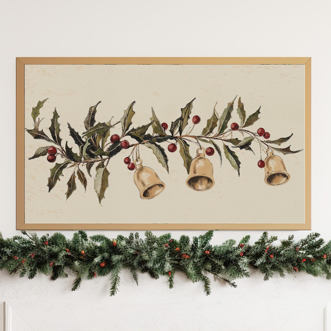 Frame TV Art Christmas Holly Gold Bells Rustic Botanical Winter Poster - Image 3