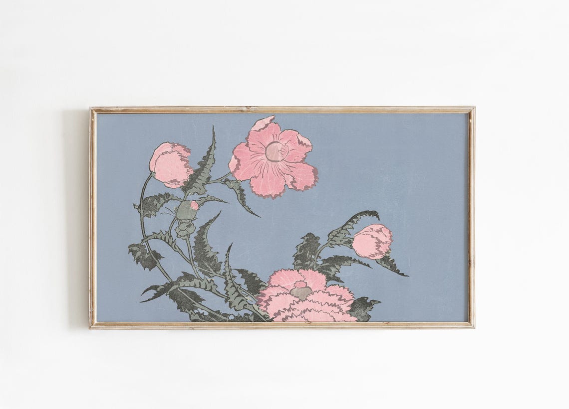 Pink Poppies Japanese Woodblock Floral Dusty Blue Botanical Wall Art