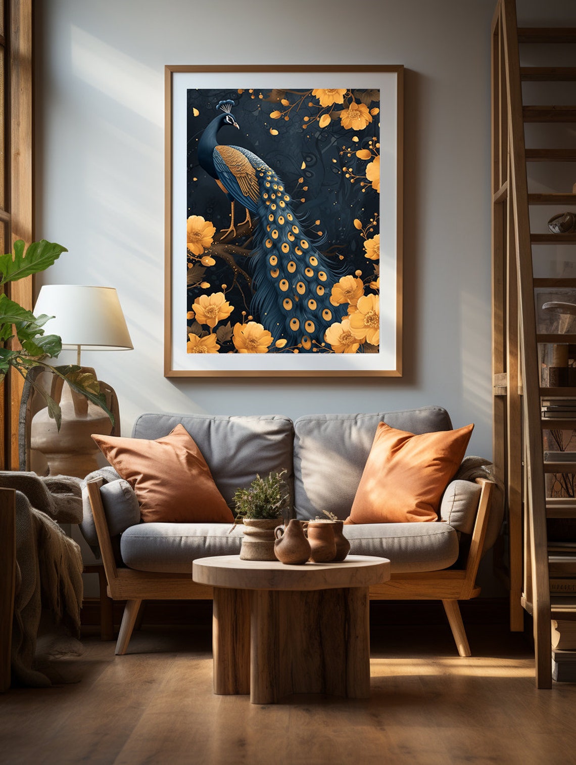 Peacock With Golden Blossoms Glowing on Midnight Navy Poster - Image 2