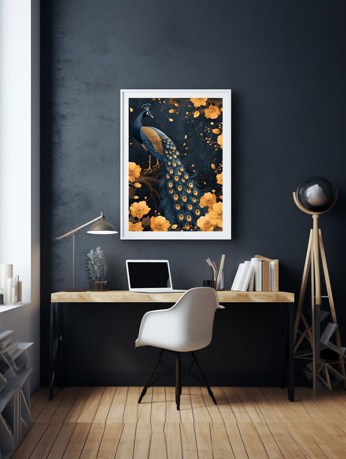 Peacock With Golden Blossoms Glowing on Midnight Navy Poster - Image 5