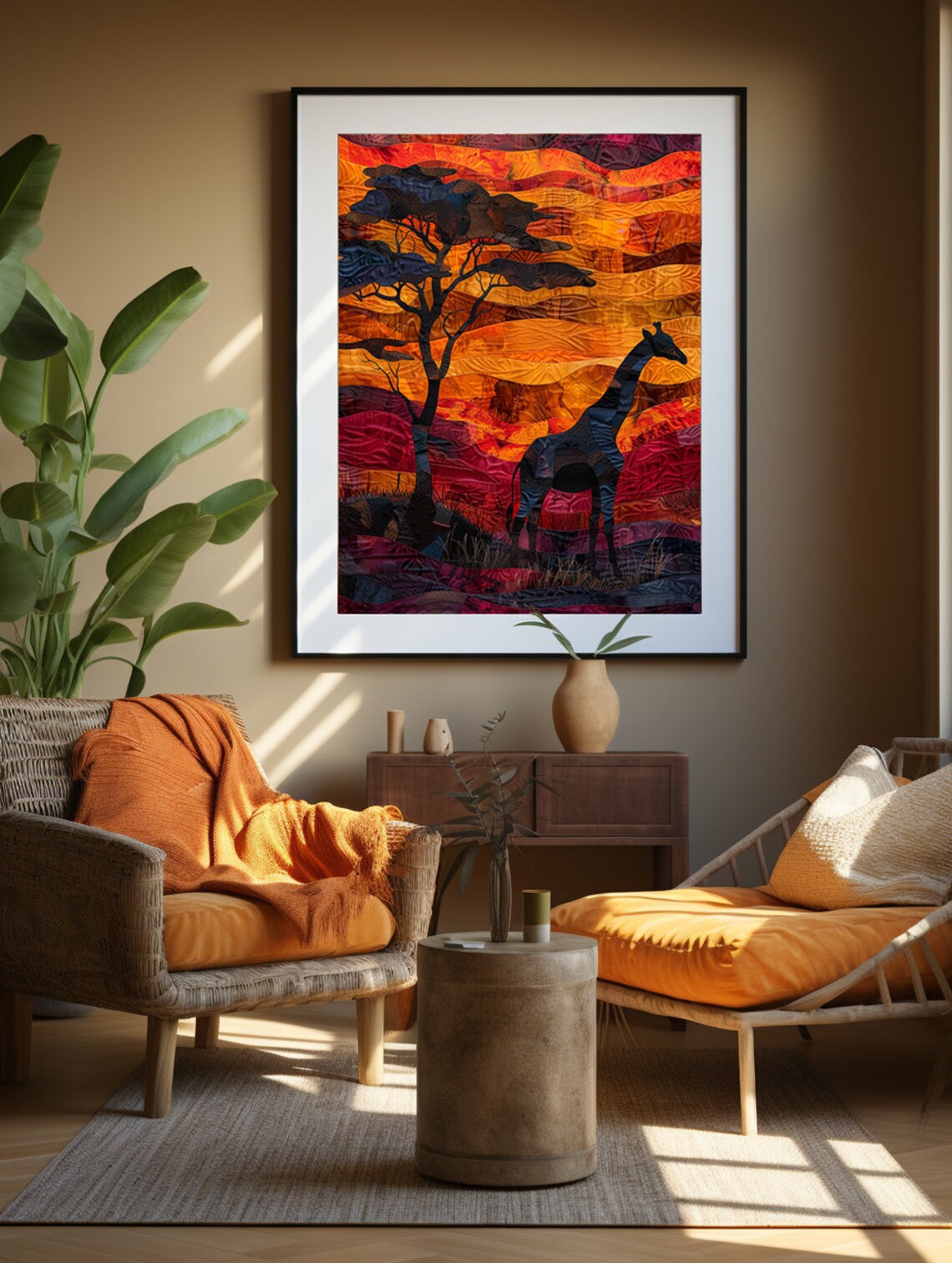 Giraffe Silhouette at a Fiery Sunset in Textured Paper Cut Poster - Image 2