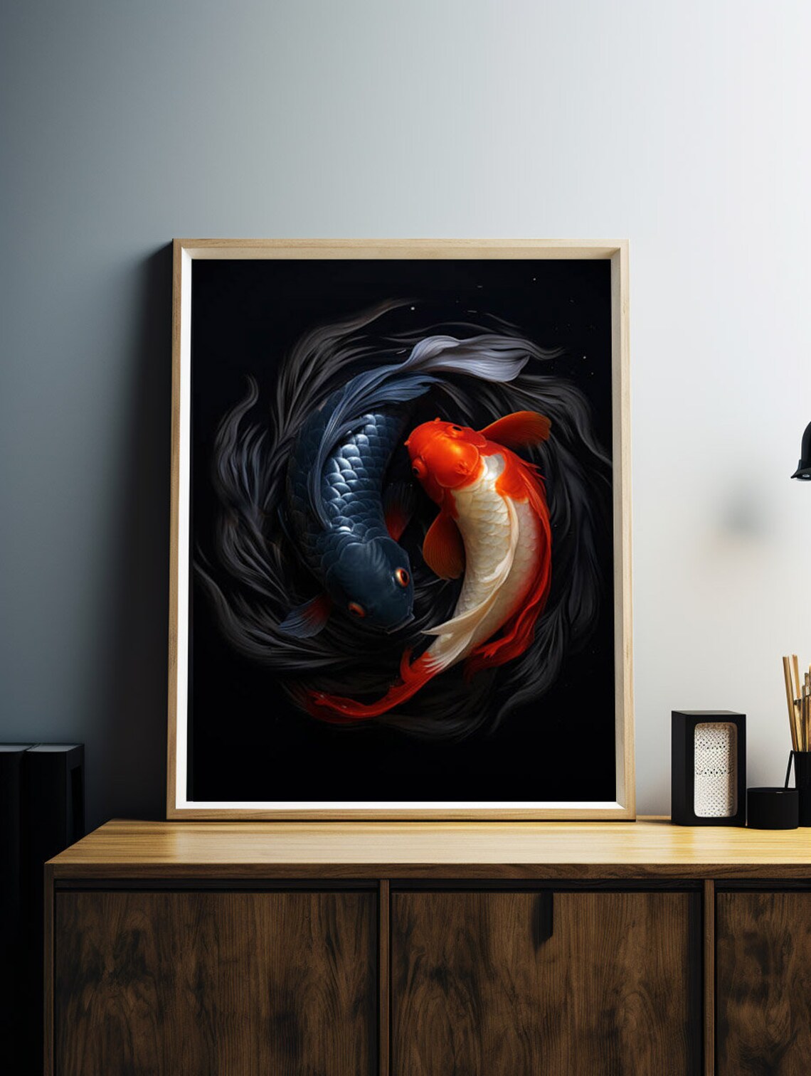 Yin Yang Pair of Koi Fish Swimming on a Black Background Poster - Image 3