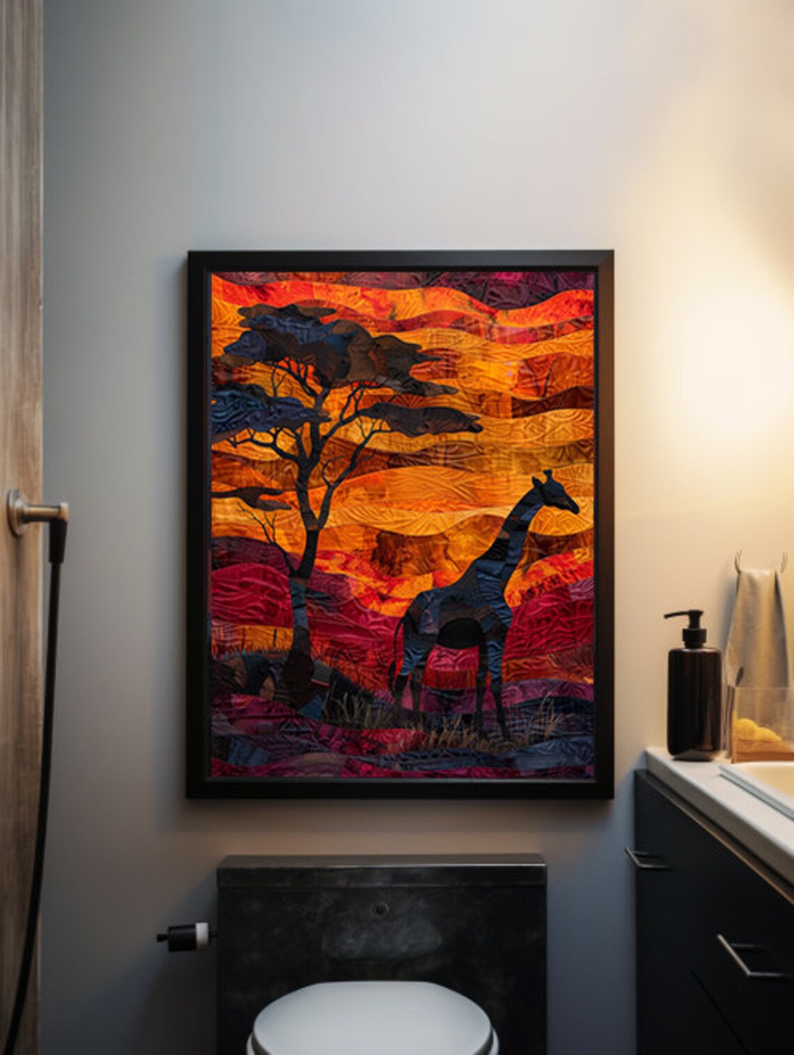 Giraffe Silhouette at a Fiery Sunset in Textured Paper Cut Poster - Image 5