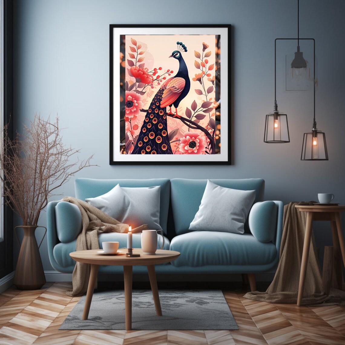 Blush Pink Peacock Perched Gracefully Among Pink Roses Poster - Image 6