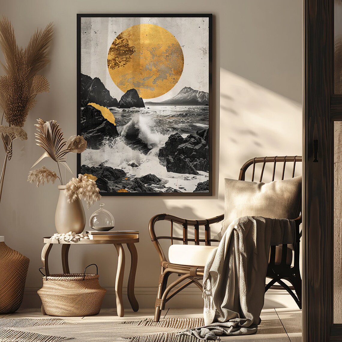 Golden Moon Rising Above Stormy Black Sea Rocks Wabi Sabi Poster - Image 6