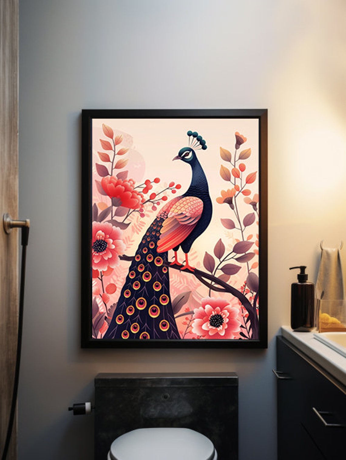 Blush Pink Peacock Perched Gracefully Among Pink Roses Poster