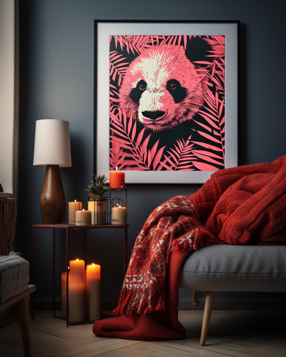 Pink Panda Face Hidden in Tropical Leaves Paper Cut Style Poster - Image 2