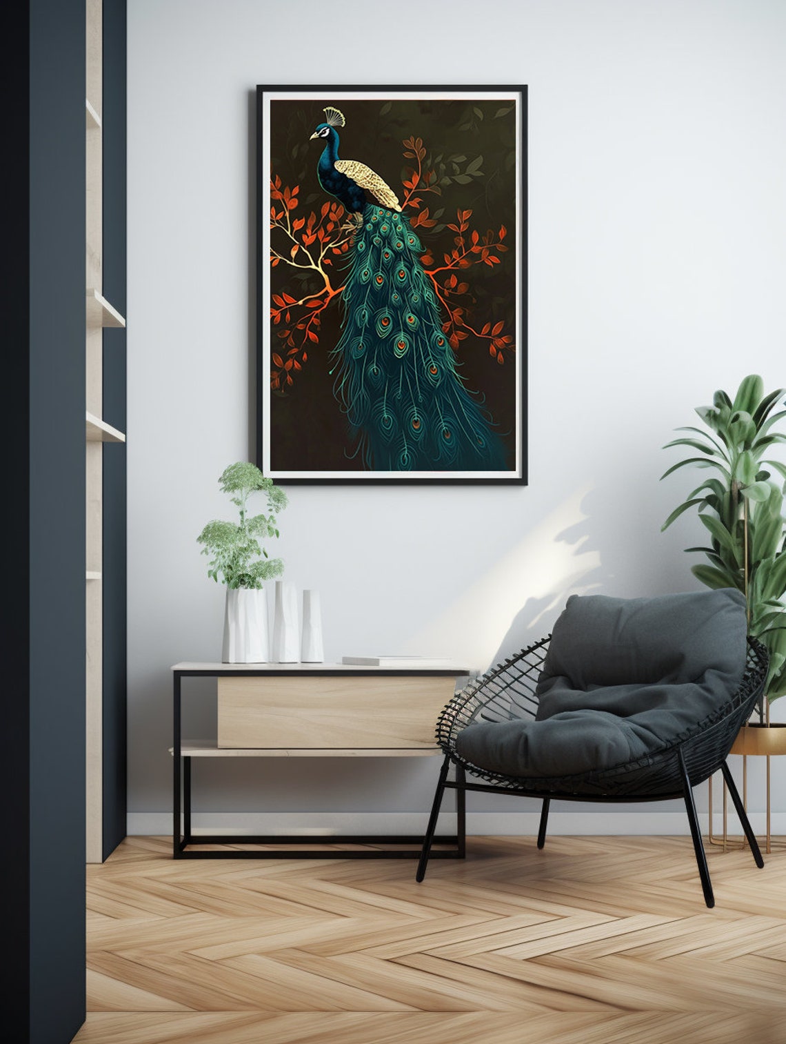 Teal Peacock Perched on a Scarlet Branch Against the Dark Poster - Image 6