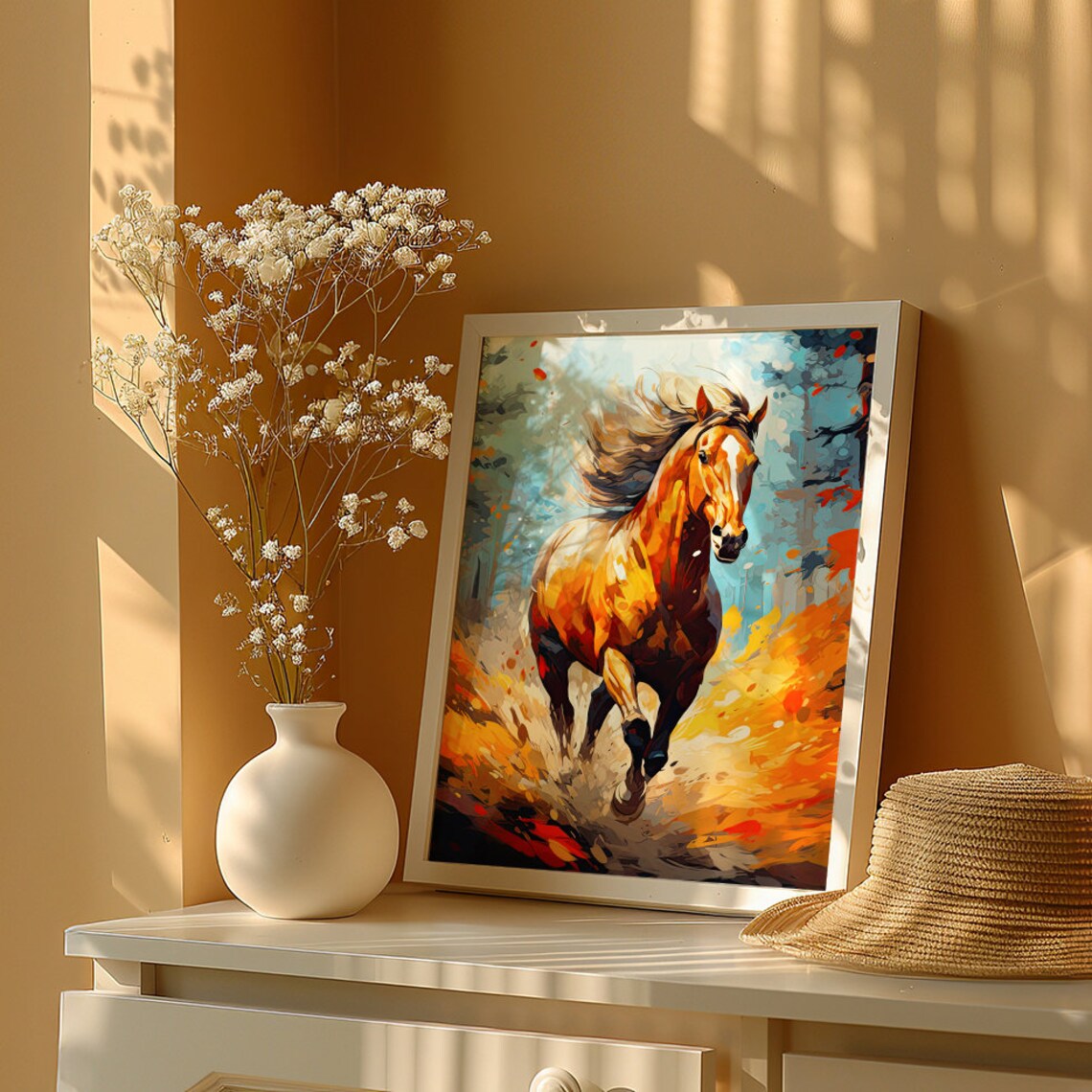 Chestnut Horse Galloping Through a Fiery Autumn Forest Poster - Image 4