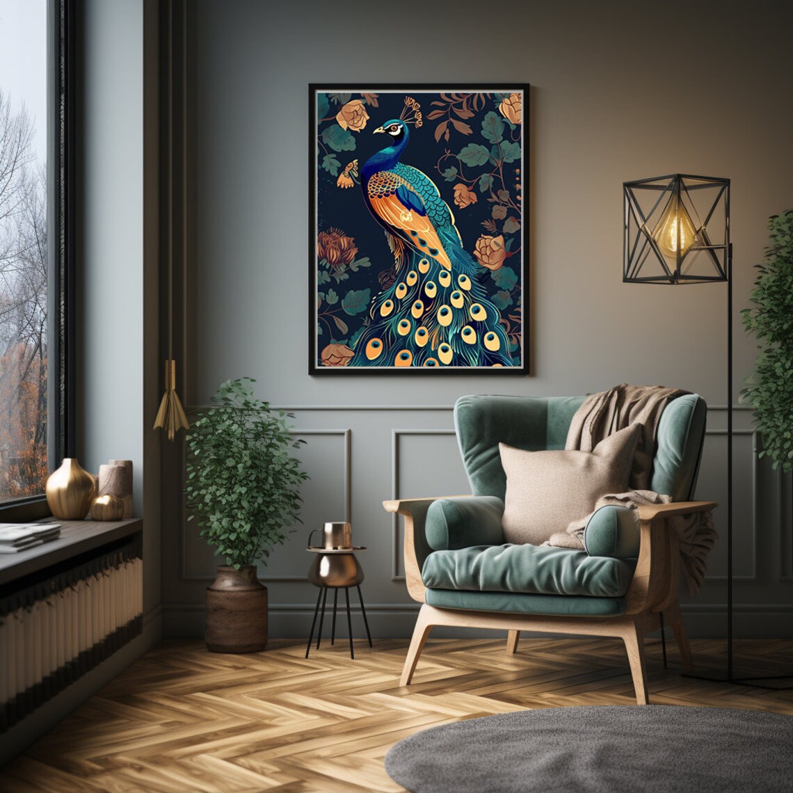 Blue and Orange Peacock Standing in a Lush Botanical Garden Poster - Image 4
