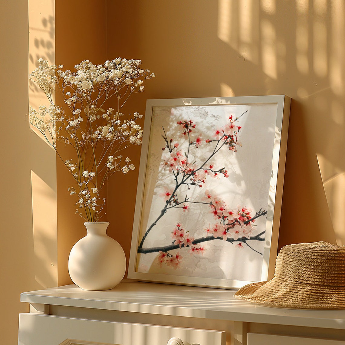 Delicate Pink Cherry Blossom Branch on Soft Vintage Paper Poster - Image 5