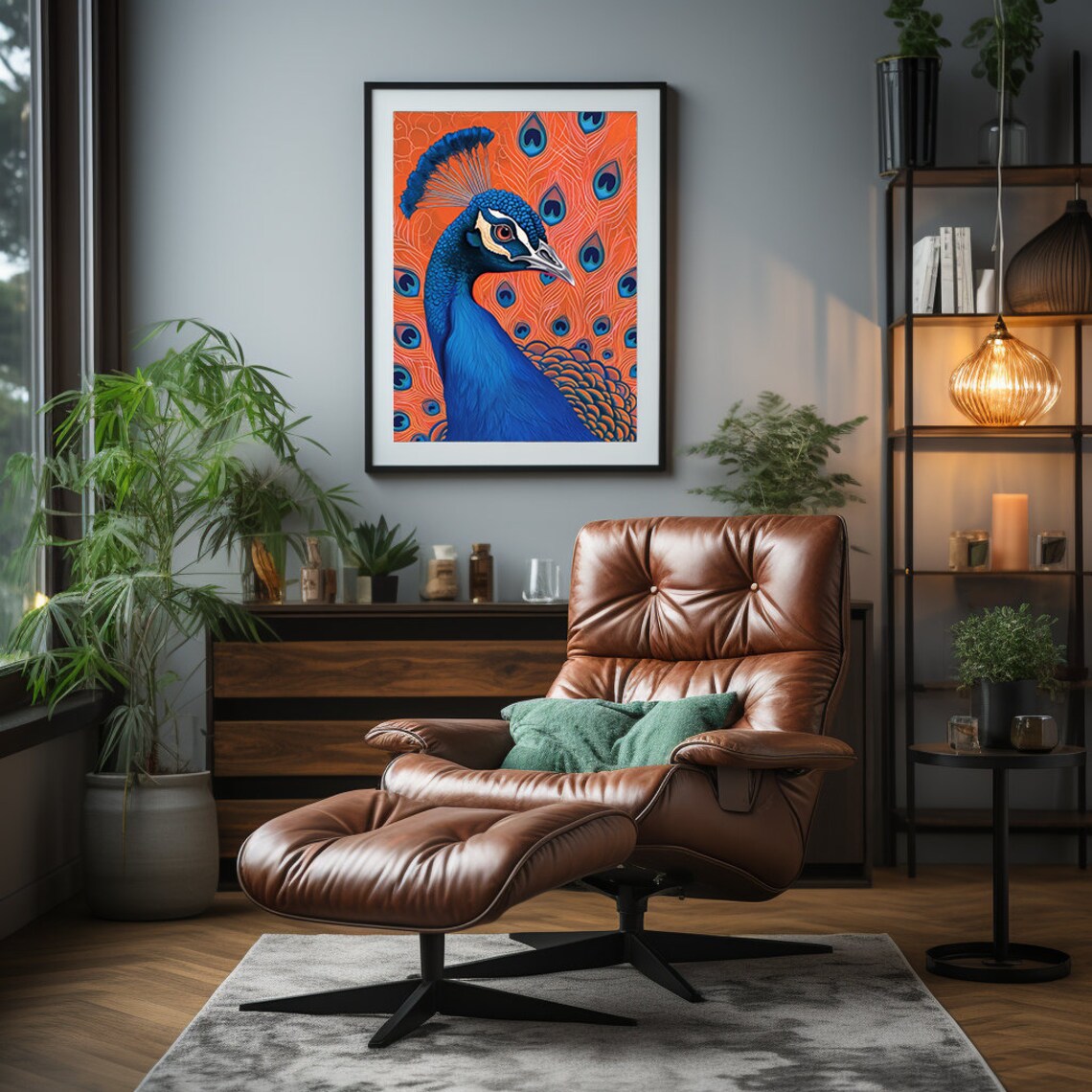 Vibrant Blue Peacock Head on a Fiery Orange Background Poster - Image 6