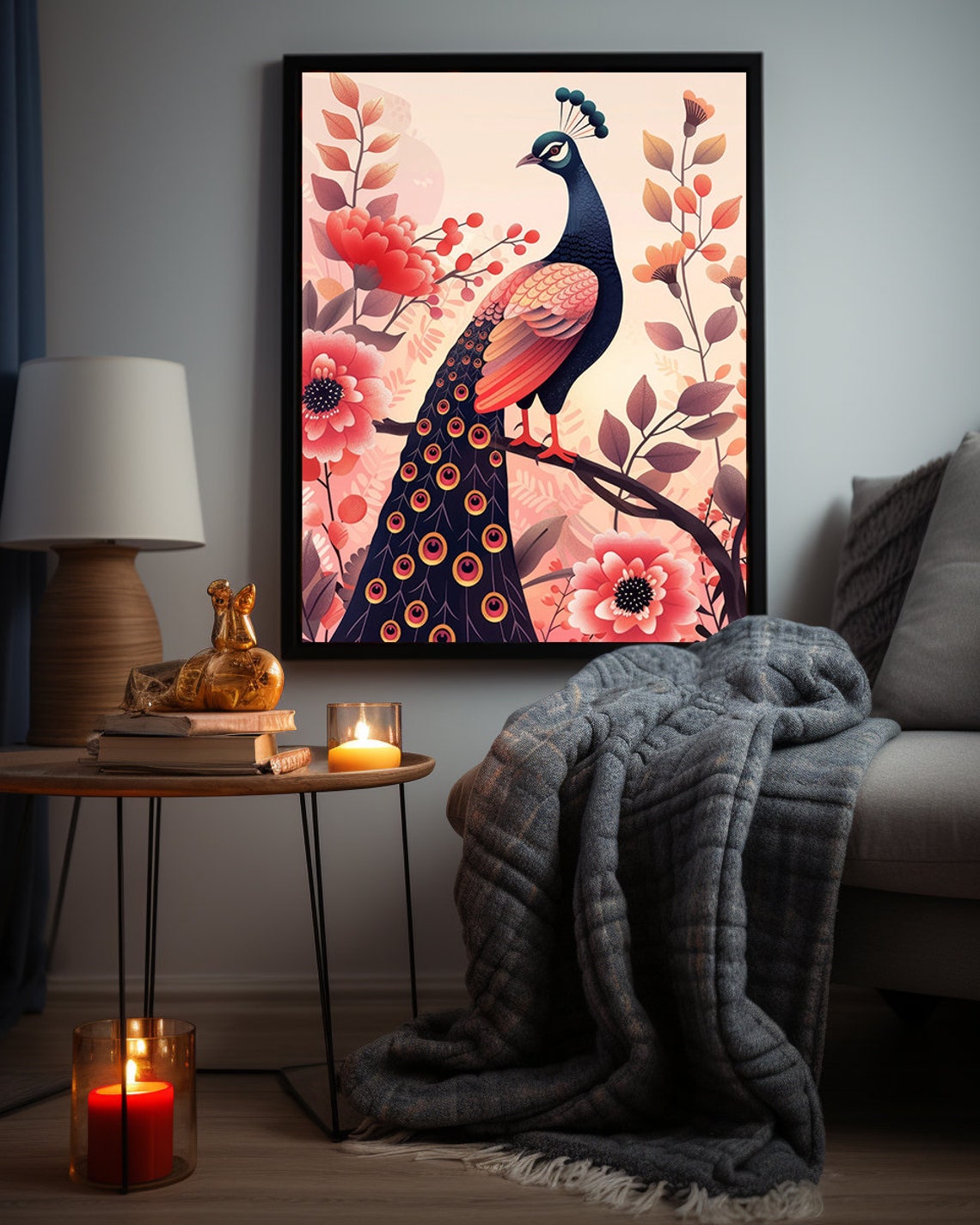 Blush Pink Peacock Perched Gracefully Among Pink Roses Poster - Image 4