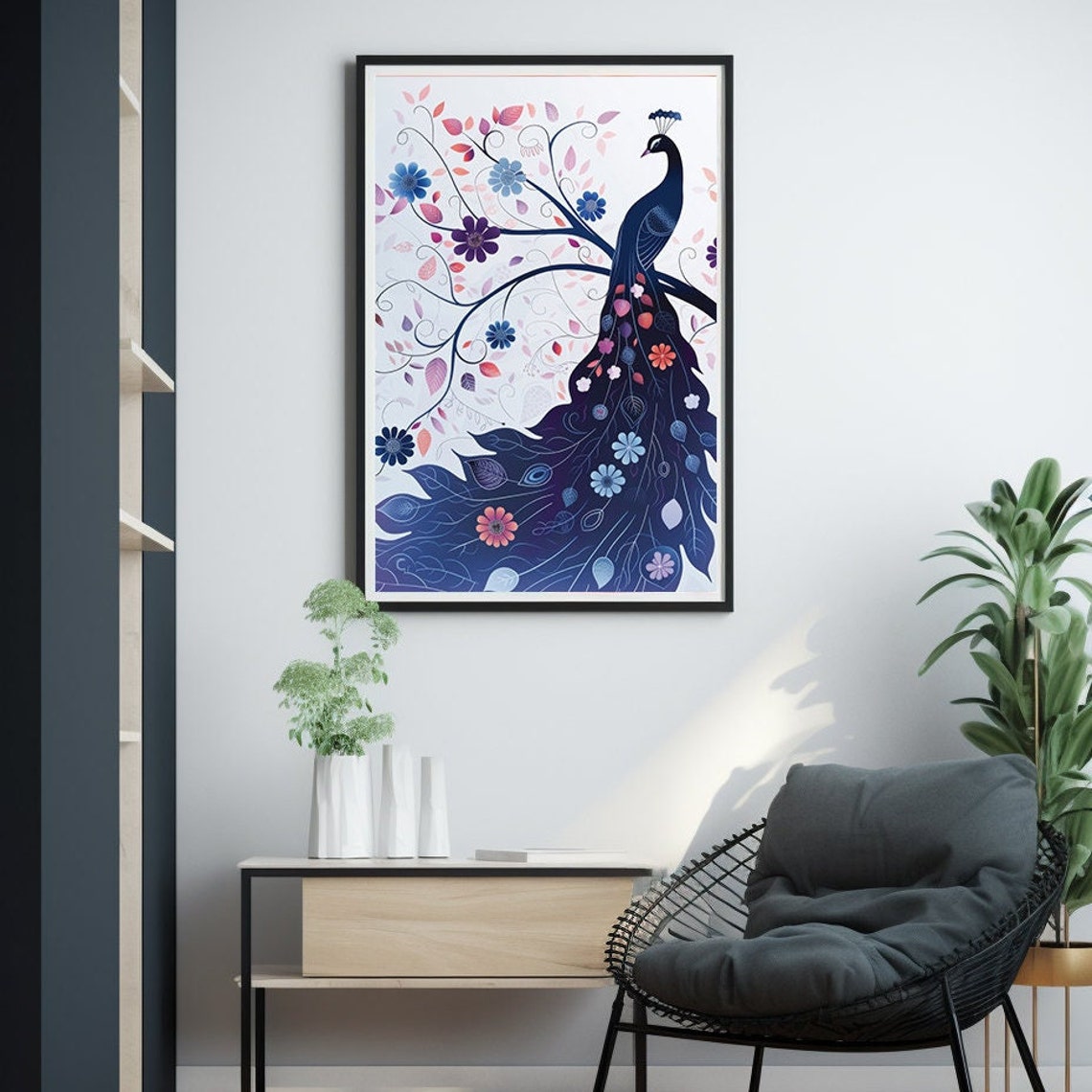 Indigo Peacock Silhouette Wrapped in Swirling Floral Vines Poster - Image 6