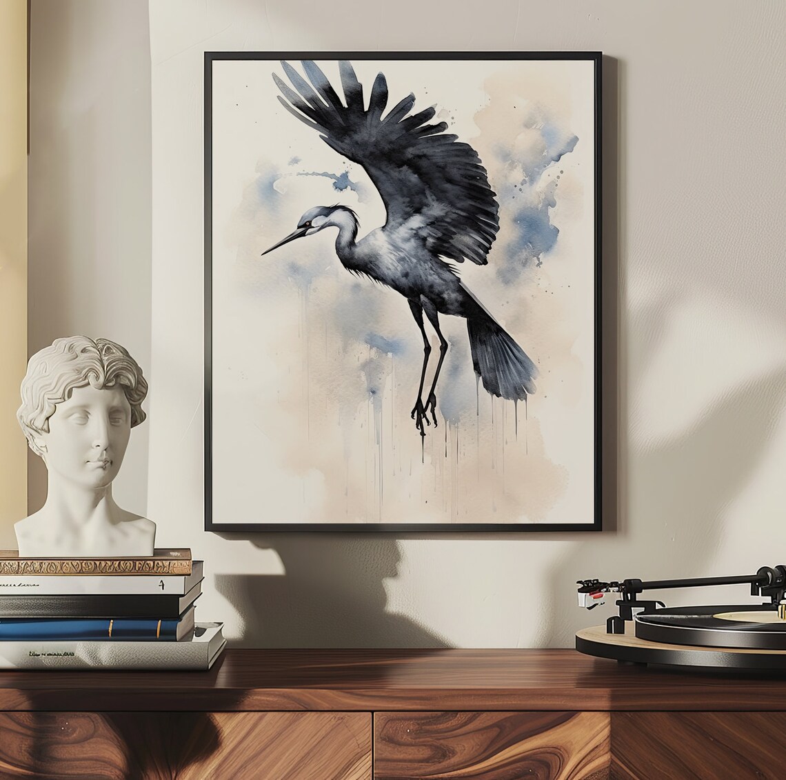 Great Crane in Flight in Soft Ink Wash Watercolor Style Poster