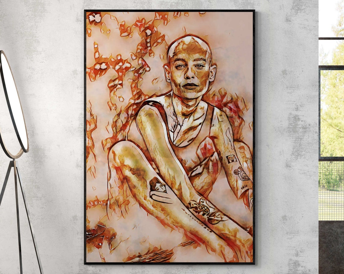 Colorful Strong Face Bald Tattoo Woman Portrait Wall Art Poster Print Tattoo Woman Modern Minimalist Living Room Wall Art Entry Hall