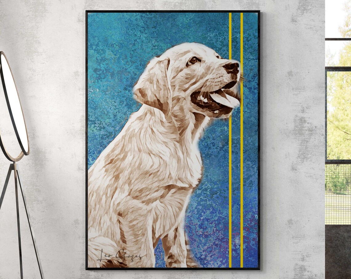 Smiling Golden Retriever Puppy on a Teal Background Portrait Print