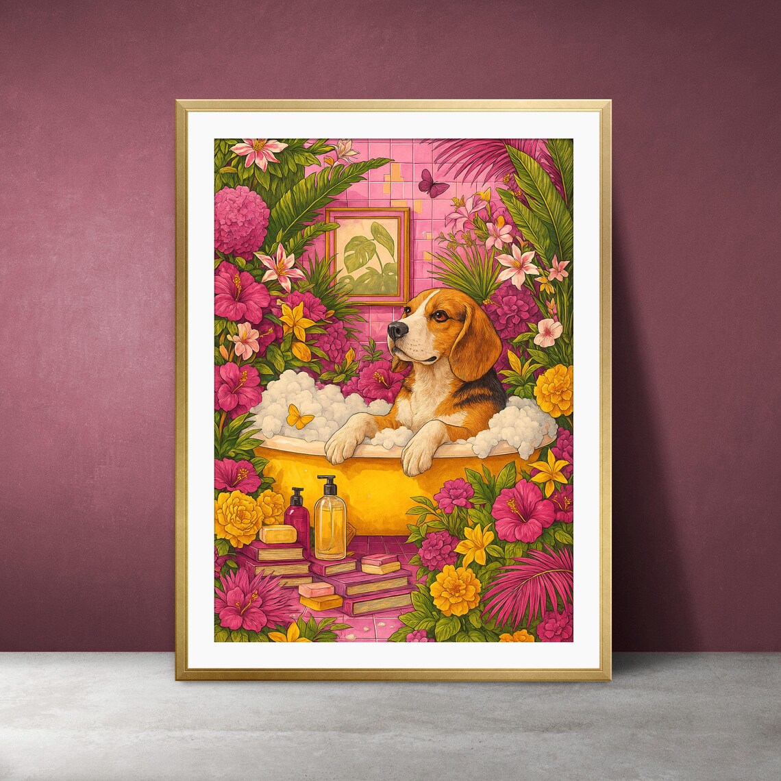 Beagle in Bathtub with Tropical Flowers Maximalist Art Poster