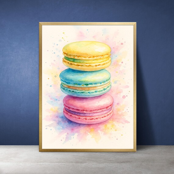 Watercolor Macaron Wall Art Pastel Kitchen Print French Pastry Poster Instant