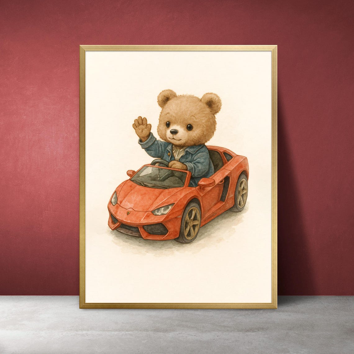 Teddy Bear Driving Red Supercar Denim Jacket Cute Nursery Art Poster