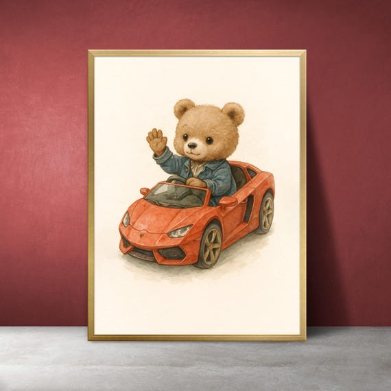 Teddy Bear Supercar Watercolor Print Carthemed Nursery Art Instant