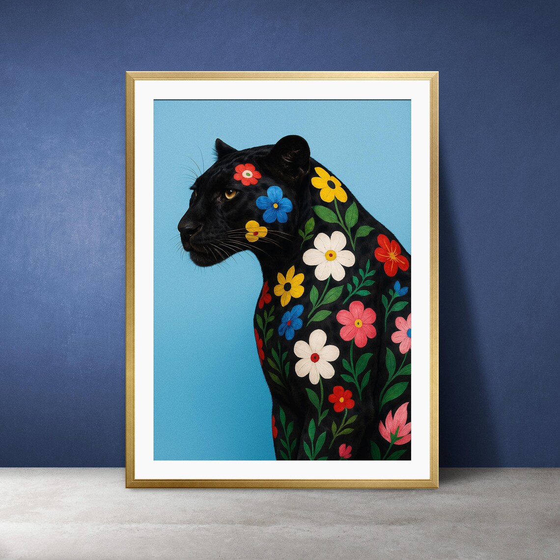 Floral Black Panther Folk Art Colorful Animal Portrait Poster
