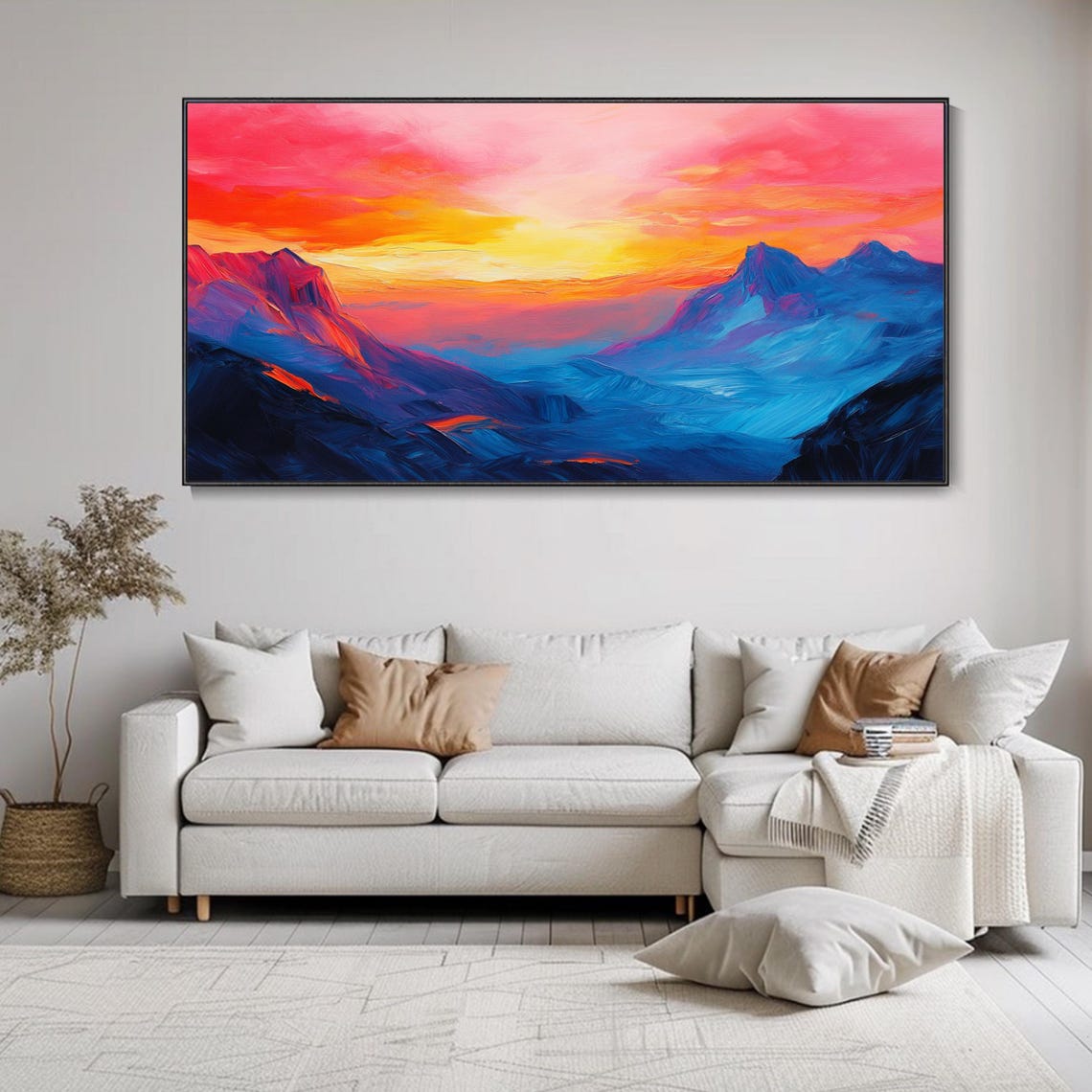 Pink Blue Abstract Mountain Sunset Panoramic Painting Poster - Image 2