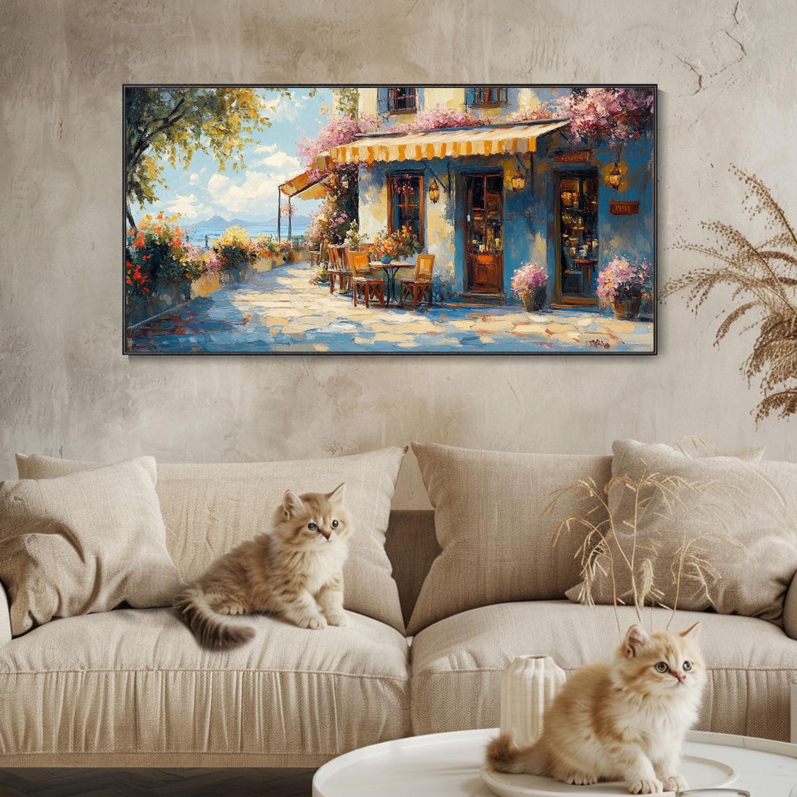 Mediterranean Seaside Cafe Blue Facade Coastal Holiday Painting Poster - Image 3
