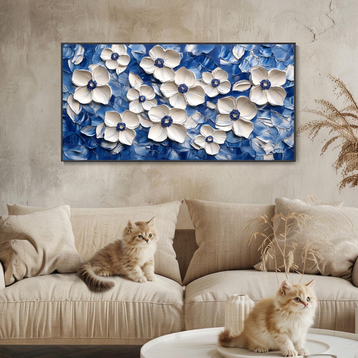 White Anemone Flowers On Deep Blue Swirling Impasto Textured Poster - Image 4