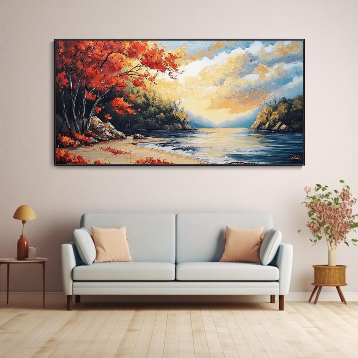 Autumn Maple Trees On Lakeshore Sunrise Red Foliage Impasto Poster - Image 4