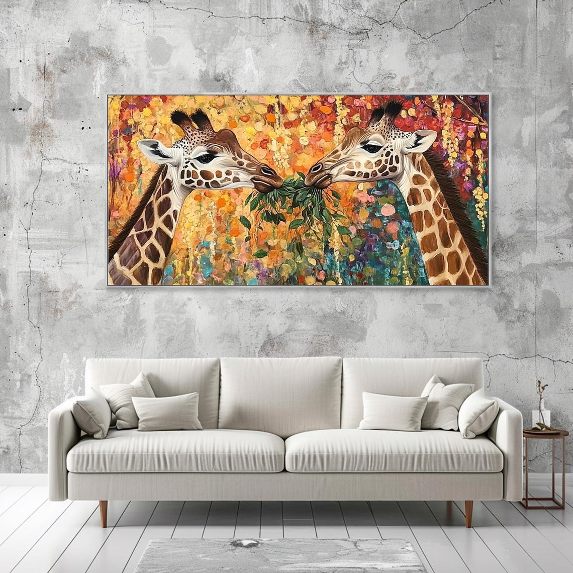 Two Giraffes Sharing Leaves Colorful Floral Wildlife Impasto Poster - Image 2
