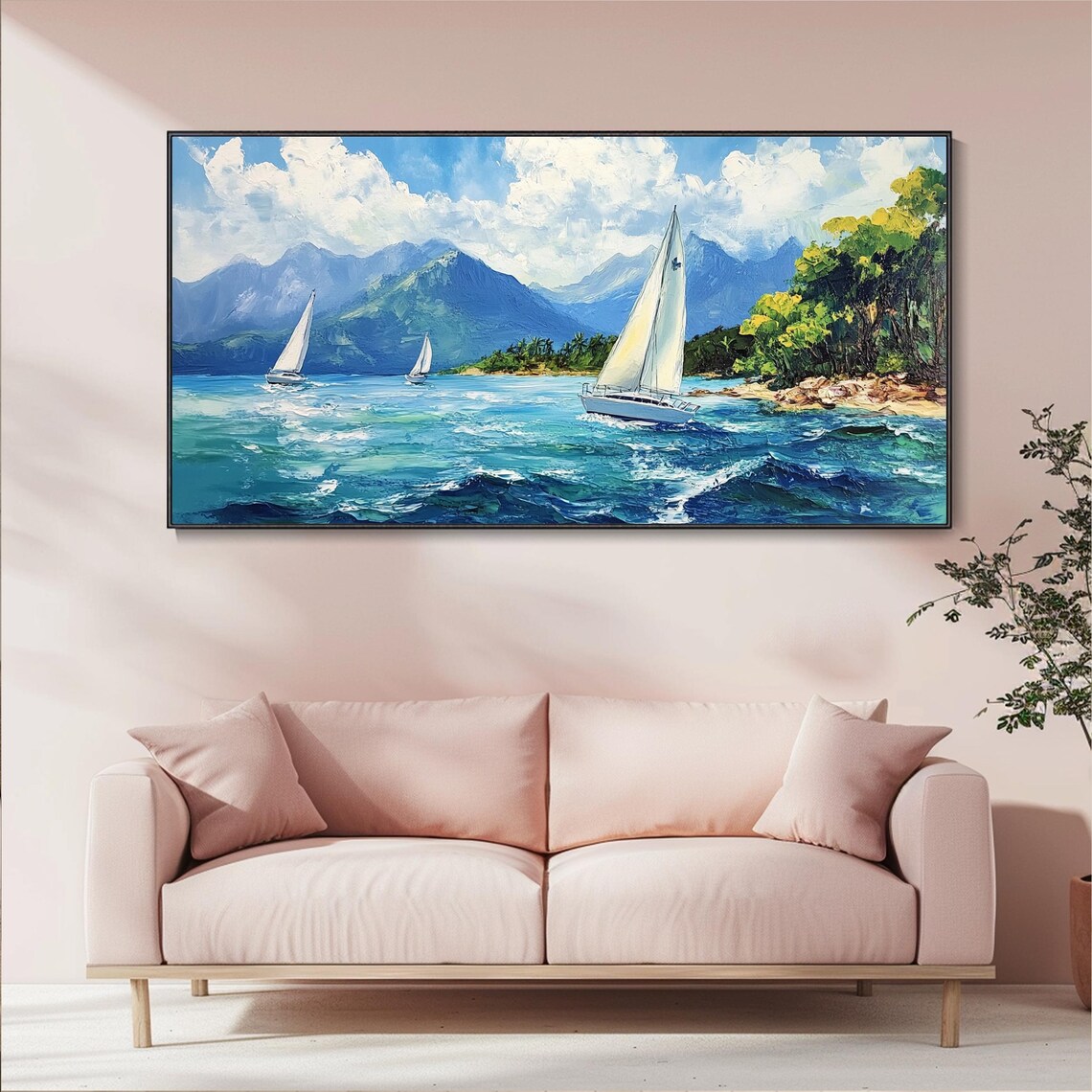 Sailboats Racing on Turquoise Sea Mountains Coastal Painting Poster - Image 5
