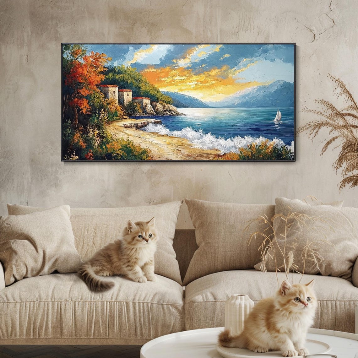 Mediterranean Coastal Village At Sunset Sailboat Waves Impasto Poster - Image 4