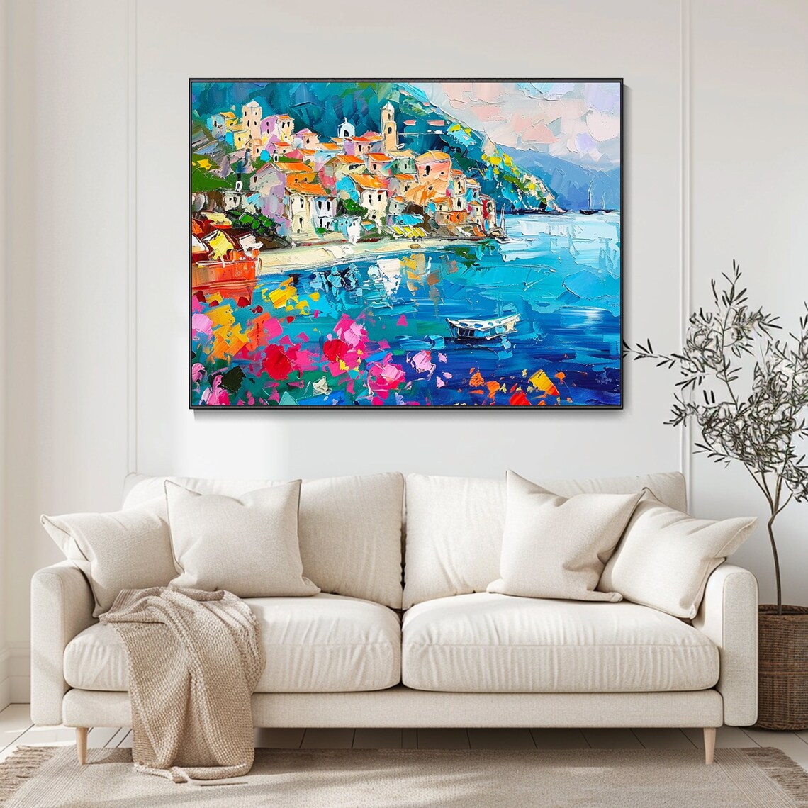 Mediterranean Coastal Village Harbor Blue Sea Palette Knife Poster - Image 3