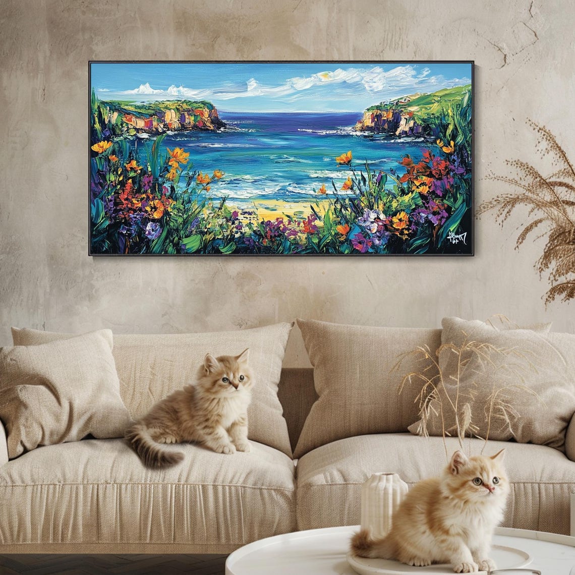 Coastal Cliffs Wildflowers Turquoise Sea Cove Impasto Painting Poster - Image 2