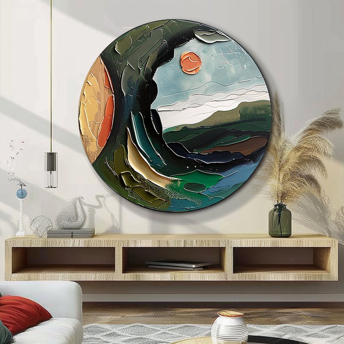 Round Abstract Mountain Sunset Sculpted Texture Circular Wall Art - Image 3