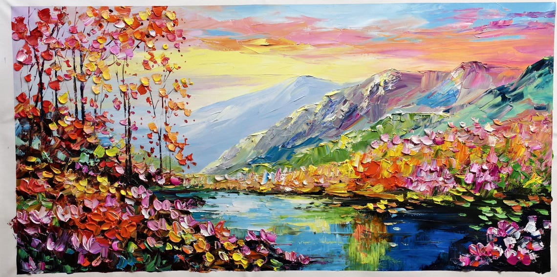 Sunset Mountain Valley with River and Blossom Trees Landscape Poster - Image 4