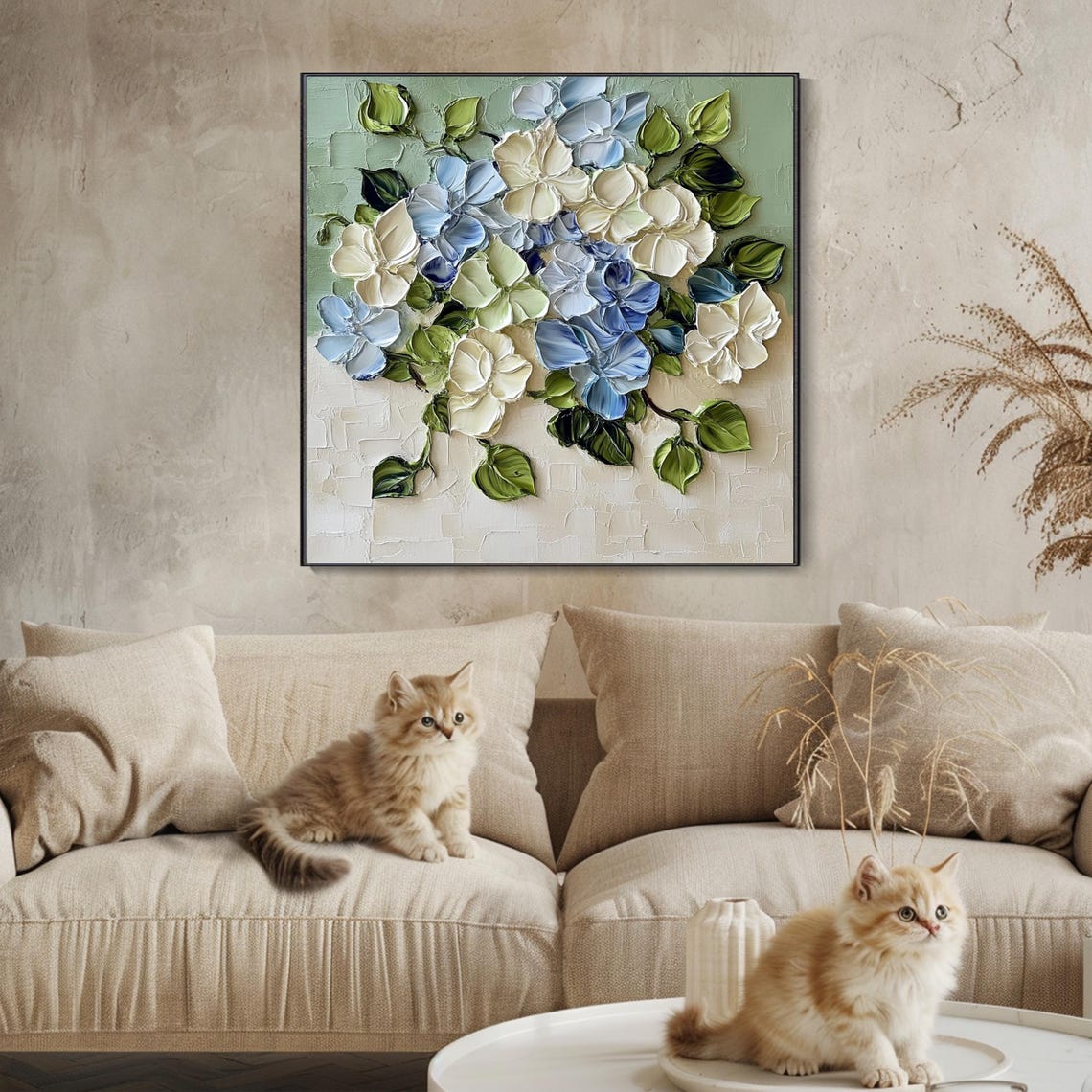 Blue White Hydrangea Blossoms Sage Green Impasto Floral Poster - Image 3