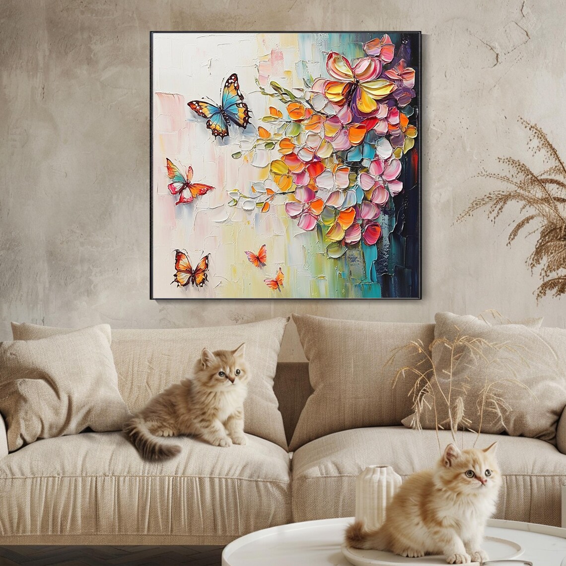 Colorful Blossom Branch with Butterflies Textured Floral Art Poster - Image 4