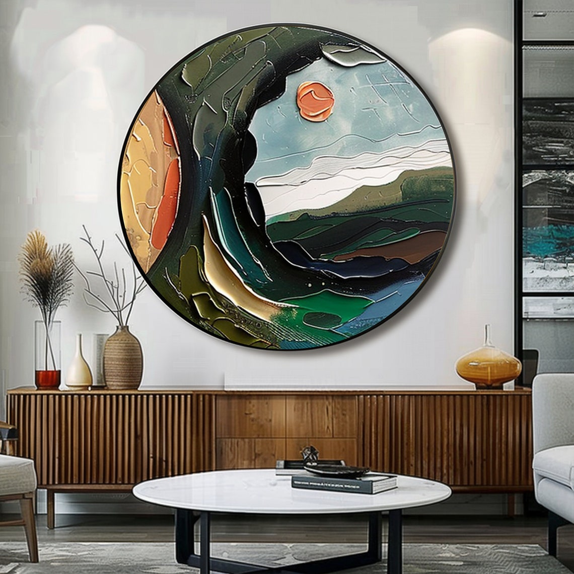 Round Abstract Mountain Sunset Sculpted Texture Circular Wall Art - Image 2